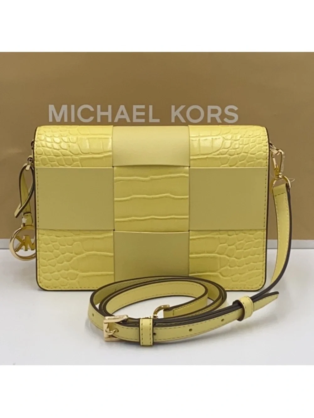 NWT Michael Kors Mercer Clutch Woven Mixed Texture Leather Crossbody Buttercup